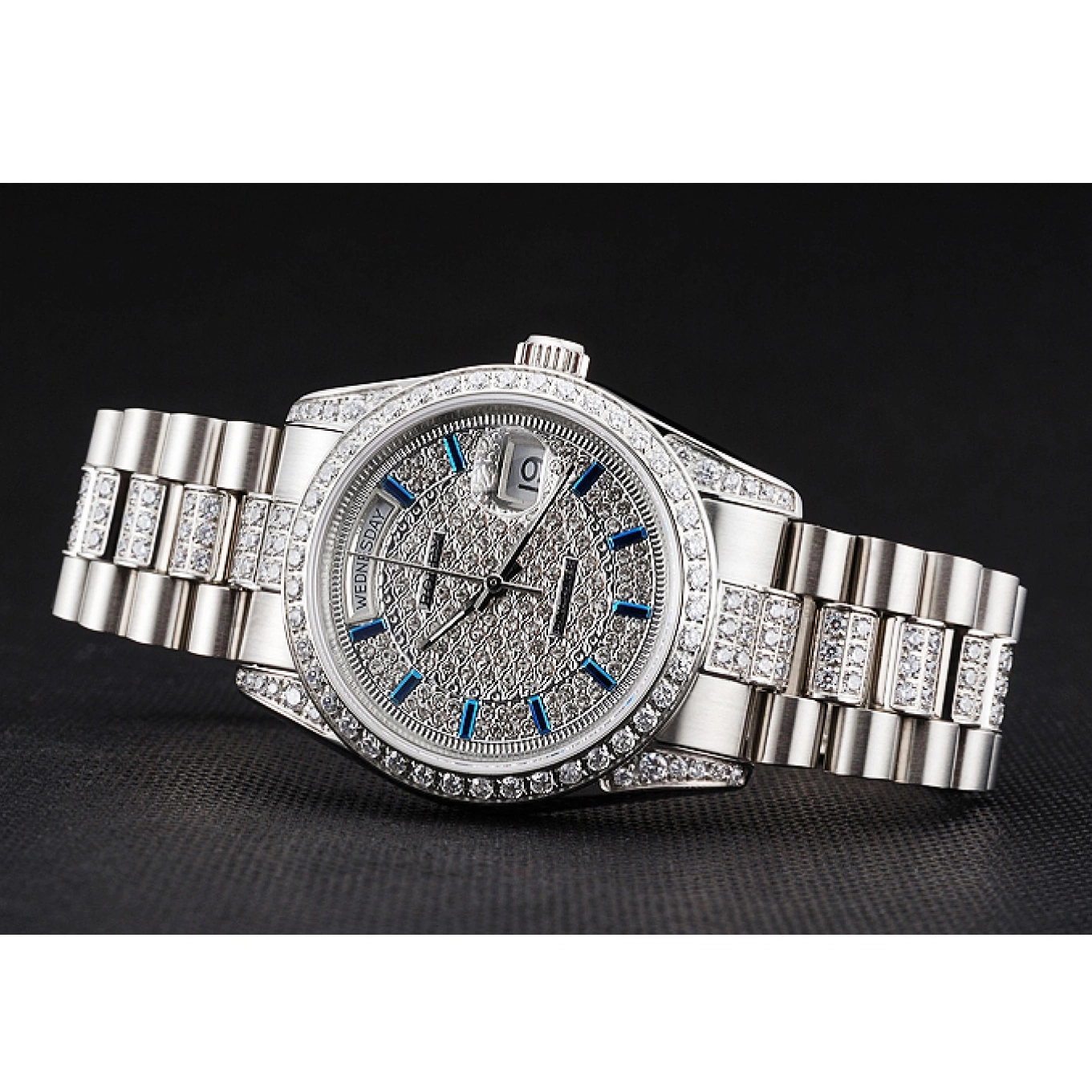 Rolex aaa copy Bezel Diamond And Steel Stainless Rolex Day Pave And Bracelet Swiss Dial Date 0608